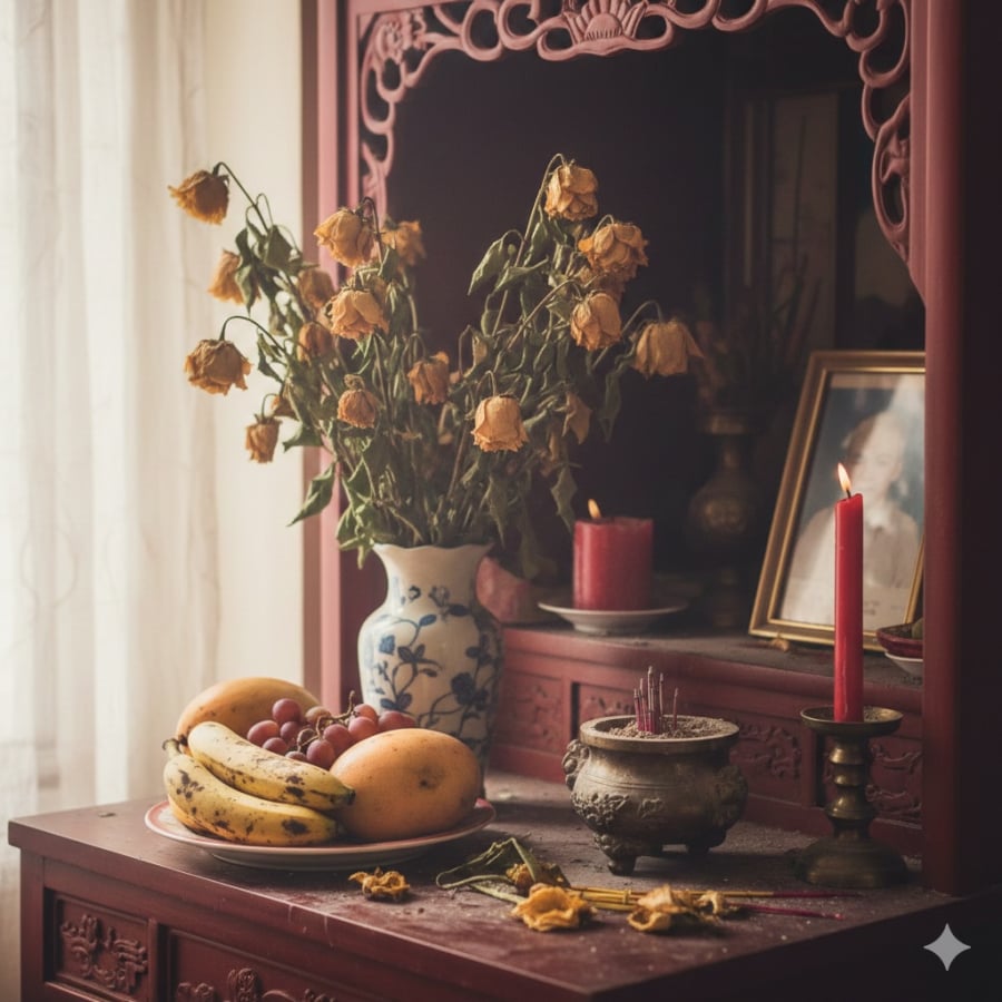 Hoa tàn, quả chín quá sau ngày rằm nên được hạ xuống để giữ bàn thờ luôn sạch sẽ, trang nghiêm.