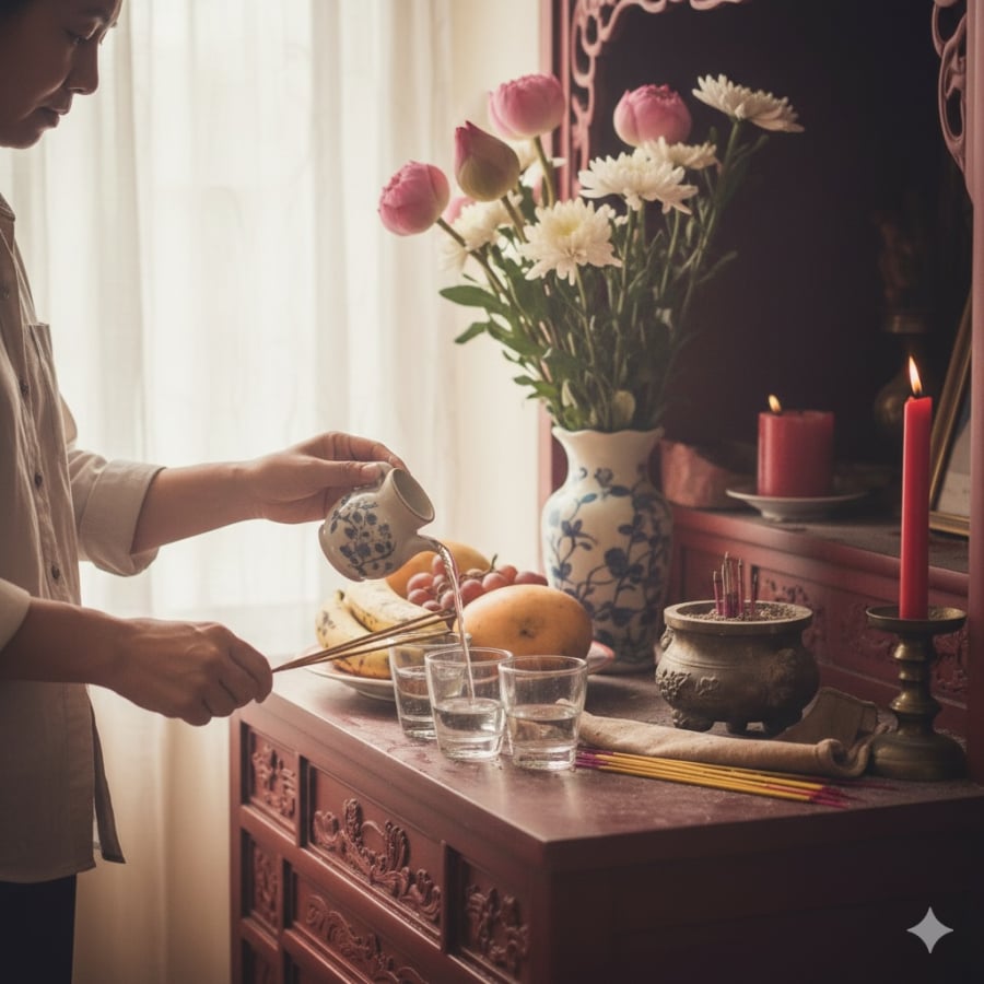 Dọn dẹp, thay nước và tỉa chân nhang định kỳ giúp không gian thờ cúng thông thoáng, hài hòa phong thủy.