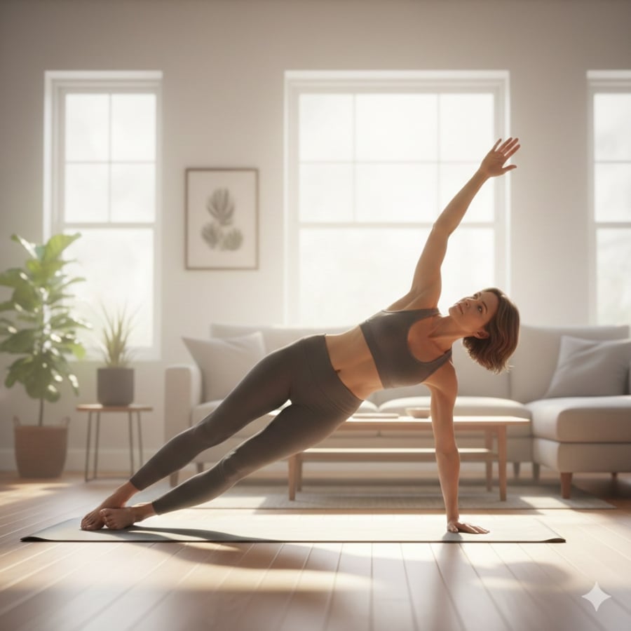 Plank kết hợp hạ hông giúp kích hoạt cơ bụng dưới và cơ xiên, hỗ trợ giảm mỡ bụng sau tuổi 50.