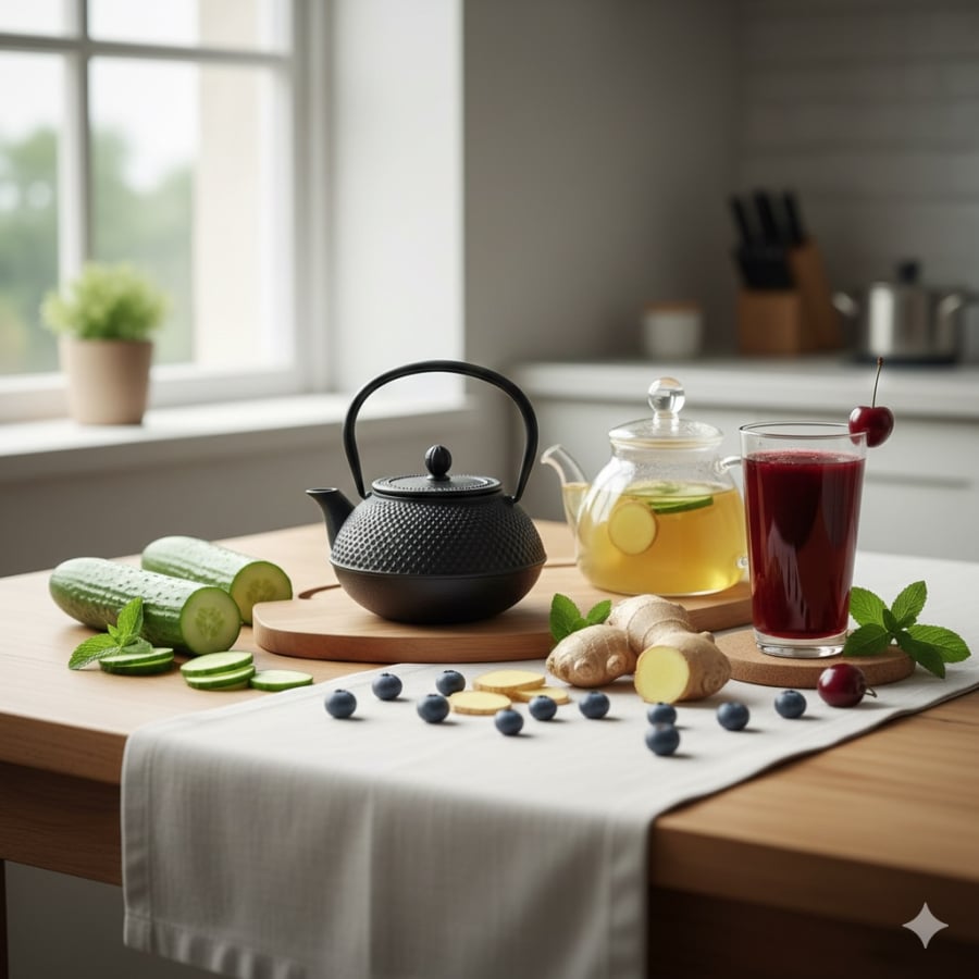 Trà xanh, trà gừng và nước ép trái cây giàu chất chống oxy hóa là lựa chọn phù hợp trong thực đơn phục hồi sau Tết.