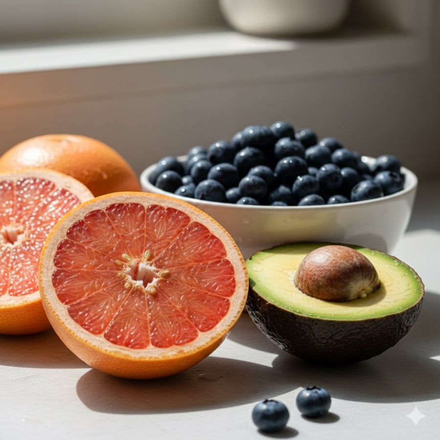 Bưởi, việt quất và bơ là những loại quả giàu chất chống oxy hóa, hỗ trợ bảo vệ tế bào gan.