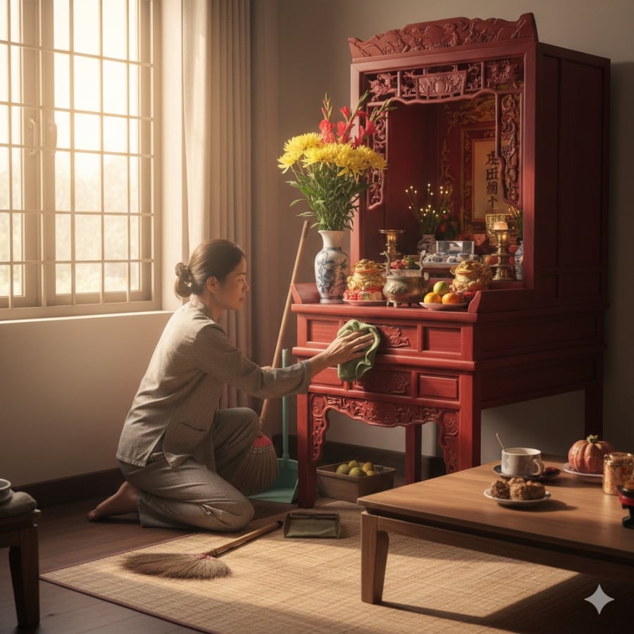 Chuẩn bị nhà cửa tinh tươm trước ngày Thần Tài được xem là bước đầu để đón tài lộc bền vững.