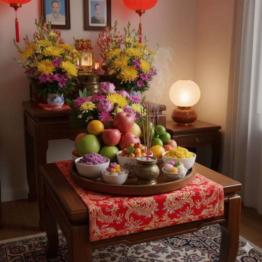 Mâm lễ sau khi hương tàn được hạ xuống và chia lộc đúng cách để giữ sự trang trọng và ý nghĩa của nghi thức.