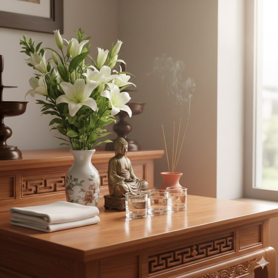 Dọn dẹp bàn thờ cuối tháng giúp không gian thờ cúng luôn thanh sạch, gọn gàng.