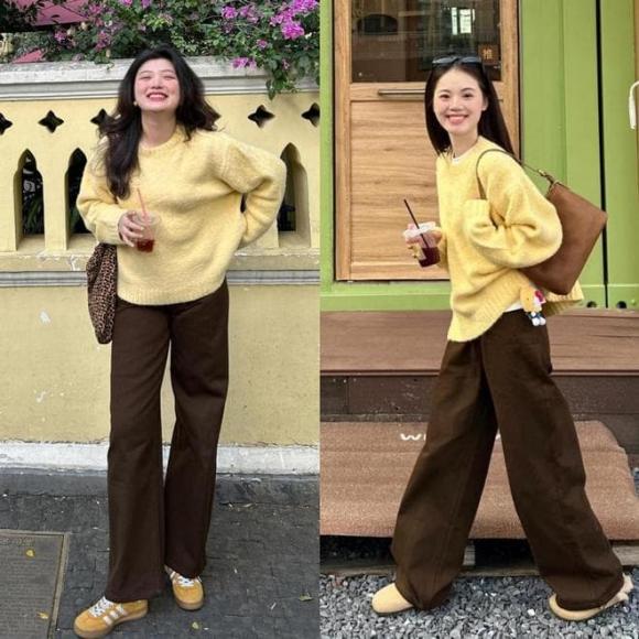 Một trong những công thức kinh điển là kết hợp quần nâu cùng áo len dệt kim