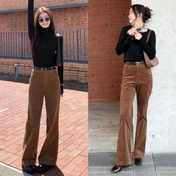 Đối với phom ống rộng cạp cao, việc kết hợp cùng áo ôm sát sẽ tạo hiệu ứng tương phản rộng – gọn rõ ràng, giúp vòng eo trông cân đối hơn.