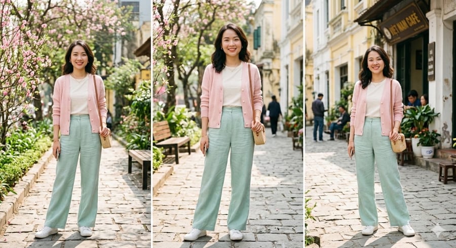 Bản phối “trên hồng, dưới xanh” giúp gương mặt tươi tắn và vóc dáng cân đối hơn trong những ngày giao mùa.