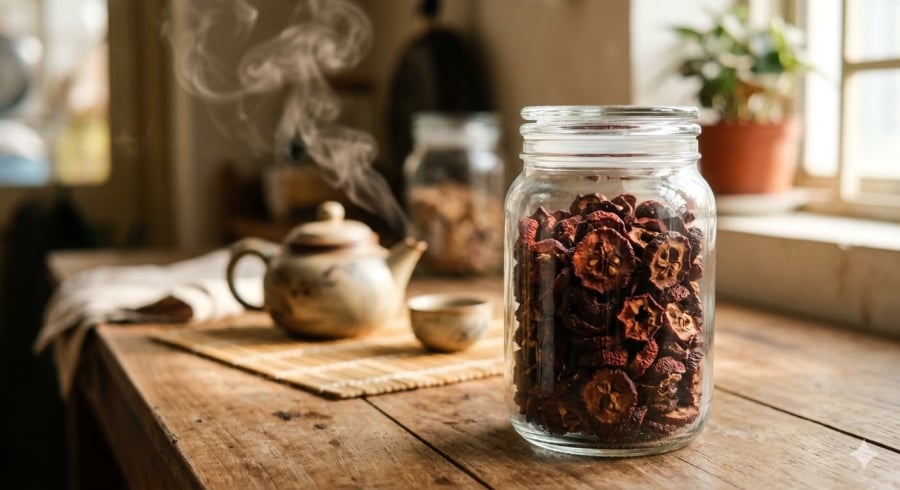 Táo gai khô tiện bảo quản, giàu chất chống oxy hóa, thường được hãm nước uống hỗ trợ tim mạch và tiêu hóa.