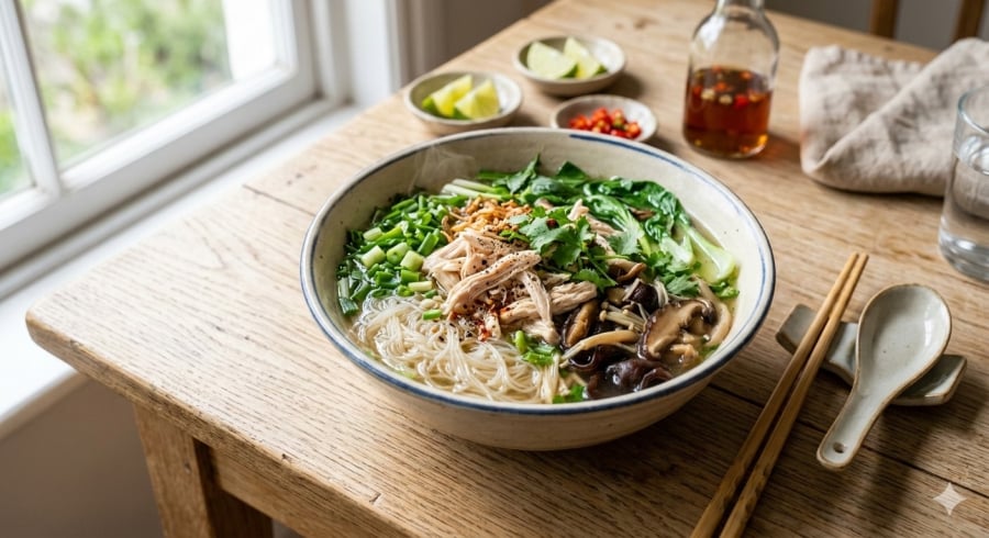 Miến kết hợp đạm nạc và rau xanh giúp bữa ăn cân bằng hơn cho người tiểu đường.