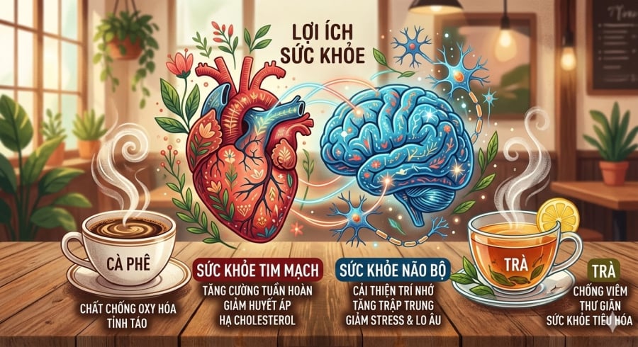 Mỗi loại đồ uống có thế mạnh riêng: trà hỗ trợ tim mạch, cà phê nổi bật về chức năng nhận thức.
