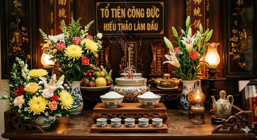Bát gạo và bát muối – hai vật phẩm nhỏ nhưng mang ý nghĩa biểu tượng về sự no đủ, gắn kết trong không gian thờ cúng.