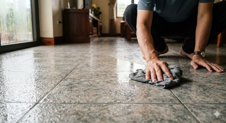 Sàn nhà “đổ mồ hôi” trong mùa nồm khiến việc đi lại trơn trượt, cần lau đúng cách để nhanh khô và an toàn hơn.