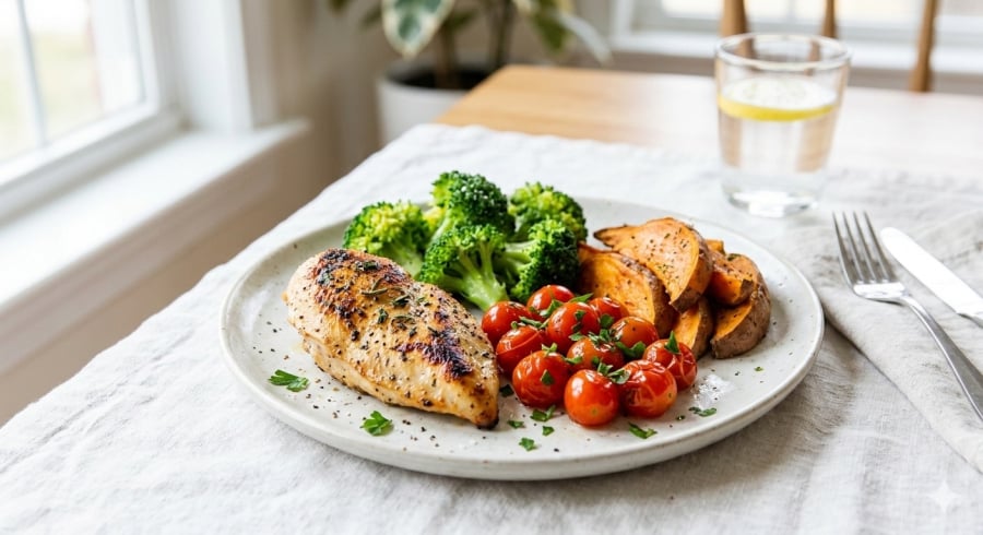 Ức gà bỏ da kết hợp rau xanh và tinh bột vừa phải giúp no lâu, hỗ trợ kiểm soát calo khi giảm cân.