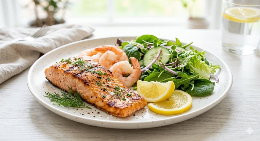 Cá và hải sản giàu protein, ít calo, phù hợp chế độ ăn hỗ trợ đốt mỡ và duy trì cân nặng.