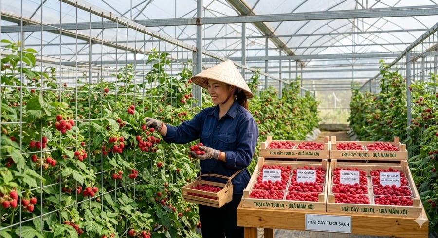 Mâm xôi trồng trong nhà kính ở Lâm Đồng có thể cho thu hoạch nhiều năm và có giá bán cao trên thị trường.