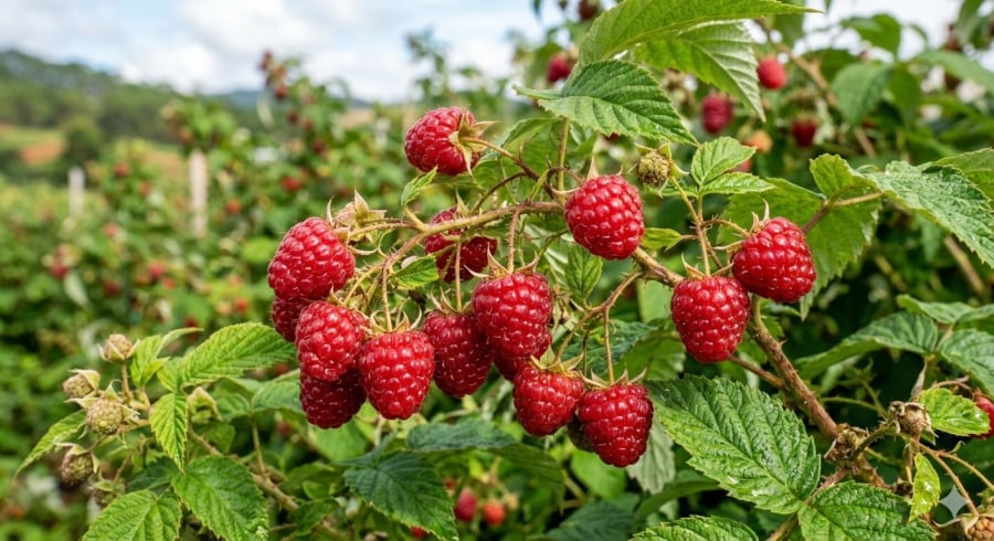 Quả mâm xôi (phúc bồn tử) chín đỏ mọng, loại trái cây đặc sản được trồng tại Lâm Đồng.