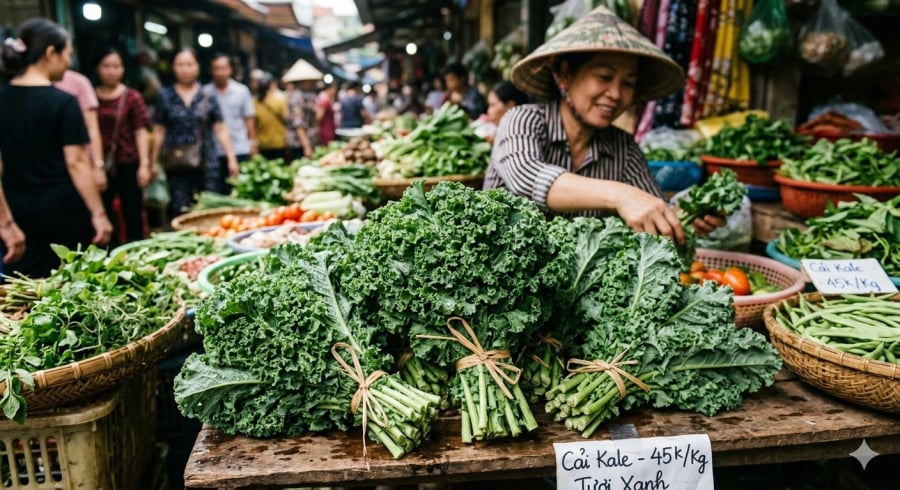 Cải kale ngày càng phổ biến tại chợ Việt, giá hợp lý và dễ dàng tìm mua.