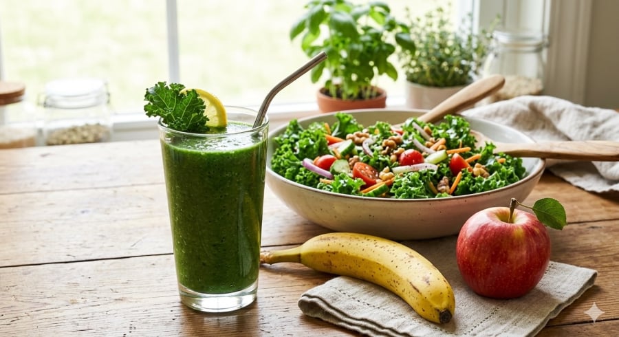 Cải kale có thể chế biến thành salad hoặc sinh tố, giúp bổ sung chất xơ và vitamin mỗi ngày.