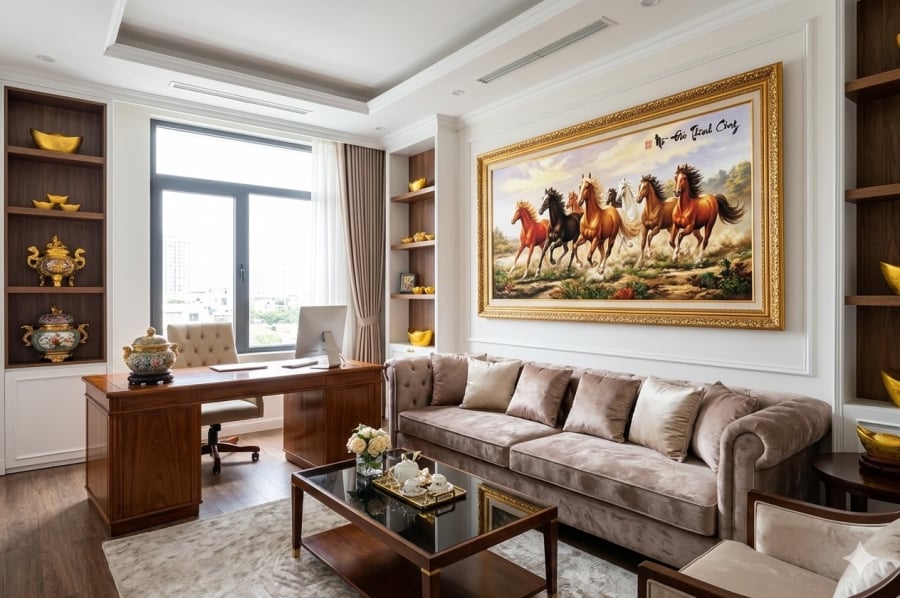 Tranh Mã đáo thành công thường được treo trong nhà hoặc văn phòng với mong muốn công việc thuận lợi và sự nghiệp hanh thông.