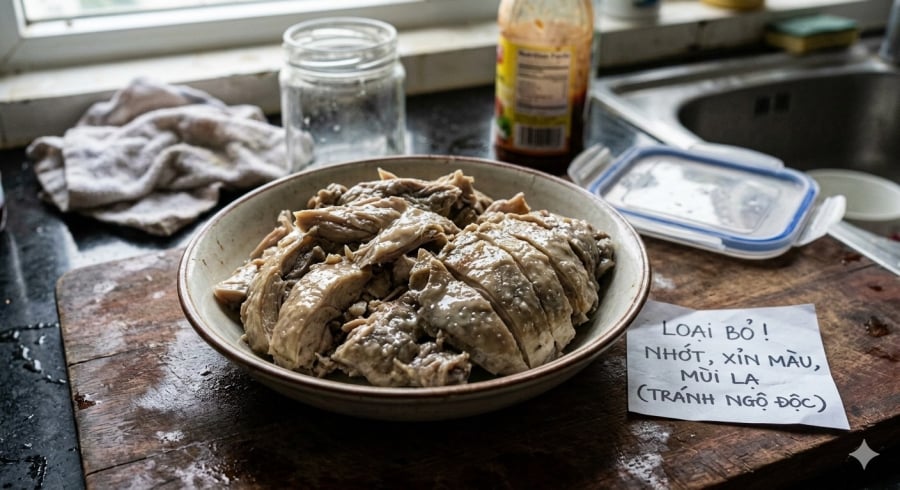 Thịt gà chín nếu có mùi chua, bề mặt nhớt hoặc đổi màu cần bỏ ngay để đảm bảo an toàn thực phẩm.