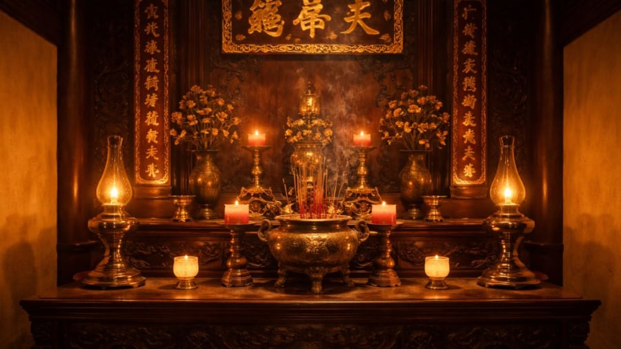 Ánh sáng phòng thờ được bố trí khác với phòng khách