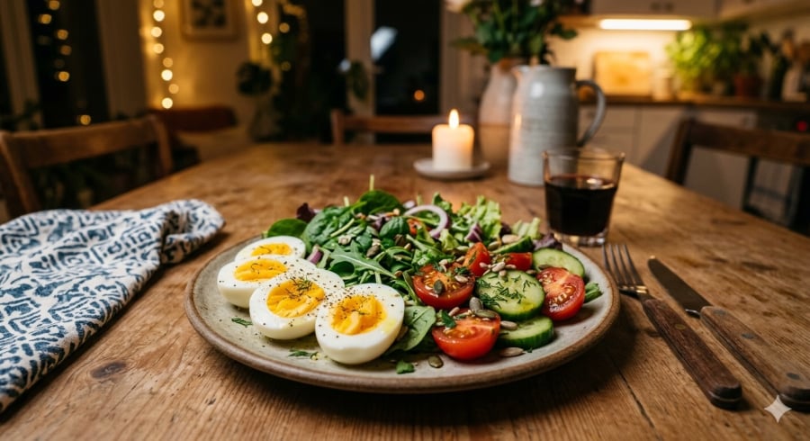 Trứng luộc kết hợp rau xanh là lựa chọn bữa tối nhẹ nhàng, ít dầu mỡ và thân thiện với sức khỏe tim mạch.