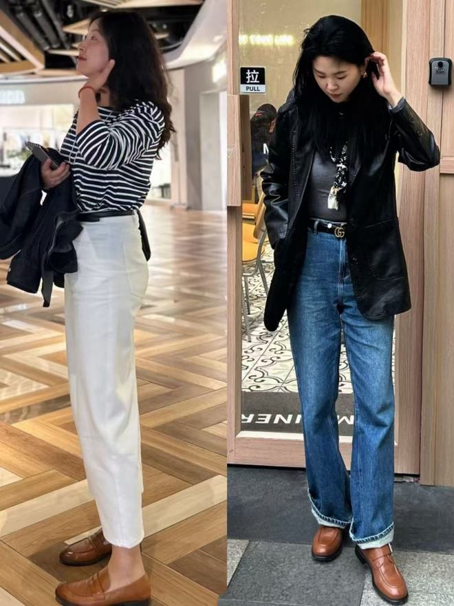 Thiết kế cạp cao giúp định hình vòng eo rõ ràng hơn, từ đó tạo cảm giác đôi chân dài hơn. Khi đi cùng giày nâu, trang phục trở nên hài hòa và hiện đại.