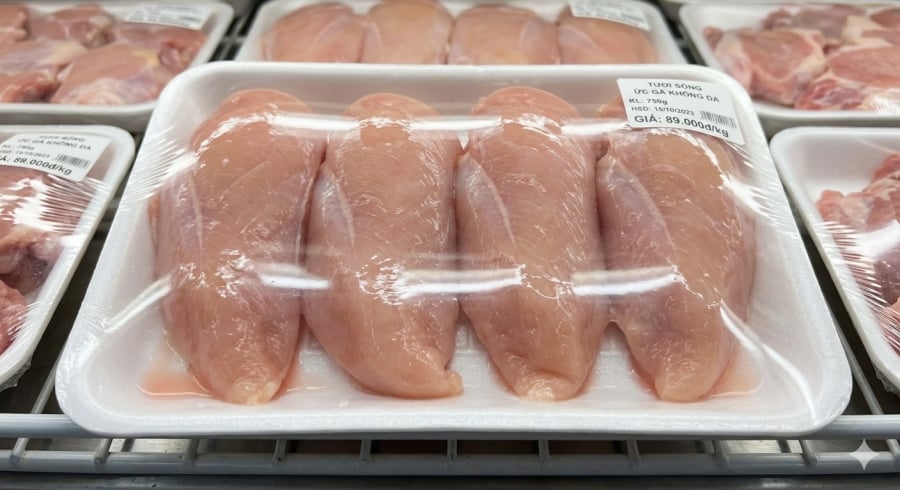 Quan sát màu thịt, lớp màng bọc và lượng nước trong khay là cách đơn giản giúp nhận biết thịt gà còn tươi.