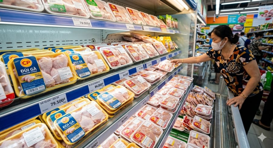 Thịt gà đóng khay trong siêu thị được bảo quản trong tủ mát, người mua nên quan sát kỹ trước khi chọn.