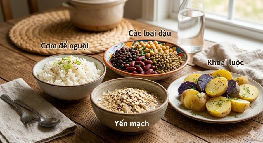 Nhiều thực phẩm quen thuộc như ngũ cốc nguyên hạt, đậu và khoai củ sau khi nấu chín để nguội có thể bổ sung tinh bột kháng có lợi cho hệ tiêu hóa.