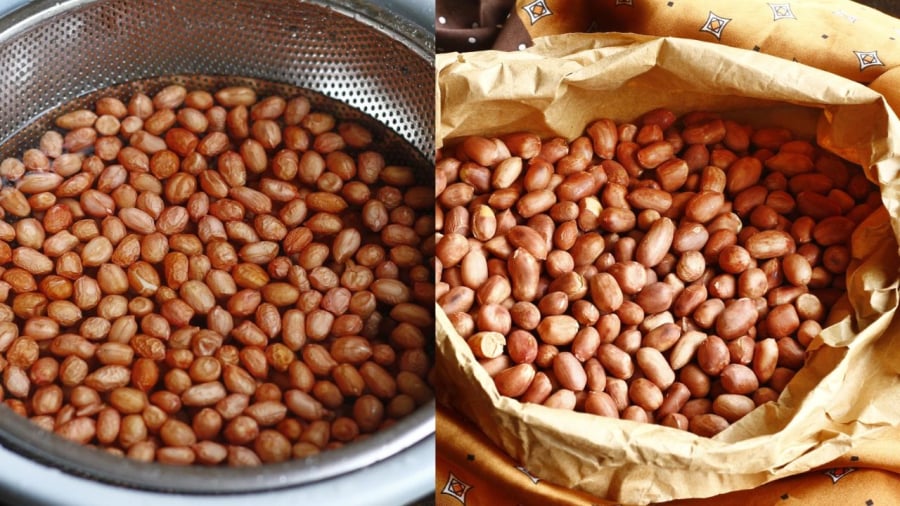  Bạn nên rửa lạc trước khi rang để loại bỏ bụi bẩn đồng thời giúp lạc chín đều hơn.