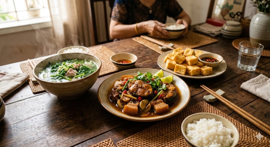 Cá, đậu phụ và rau xanh là những món ăn giản dị nhưng mang ý nghĩa tượng trưng cho cuộc sống ổn định và sung túc.