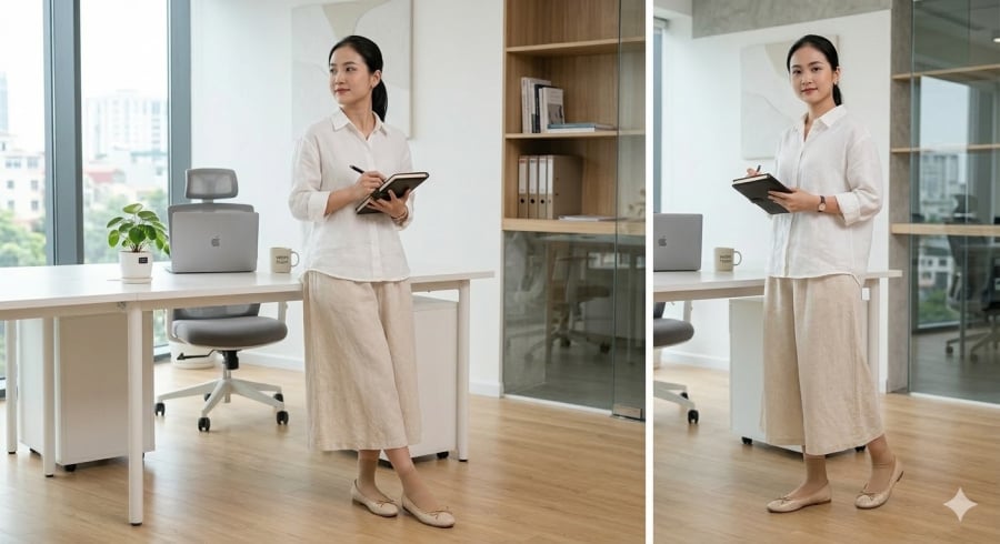 Giày màu be giúp outfit sáng và tạo hiệu ứng kéo dài đôi chân.