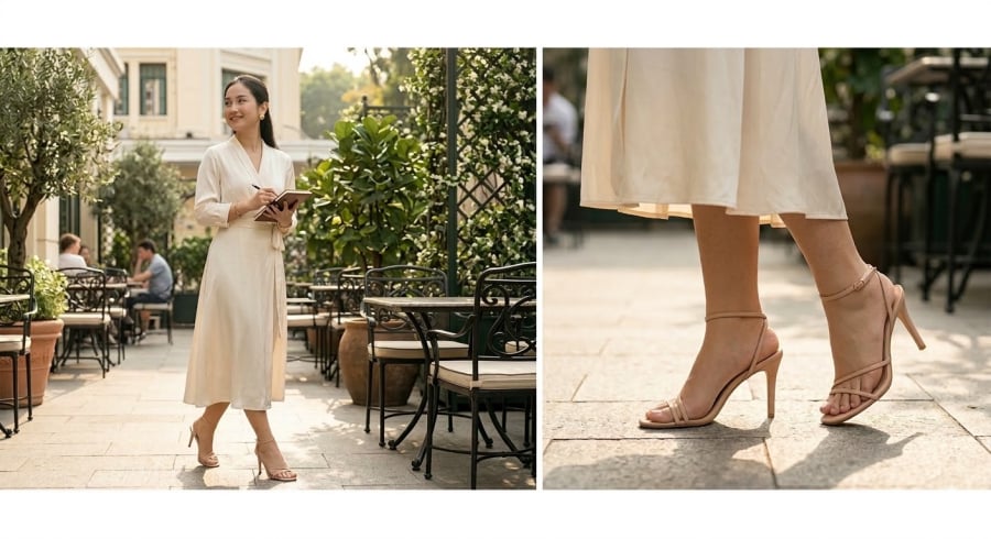 Sandal quai mảnh giúp tổng thể thoáng nhẹ mà vẫn giữ nét sang trọng.