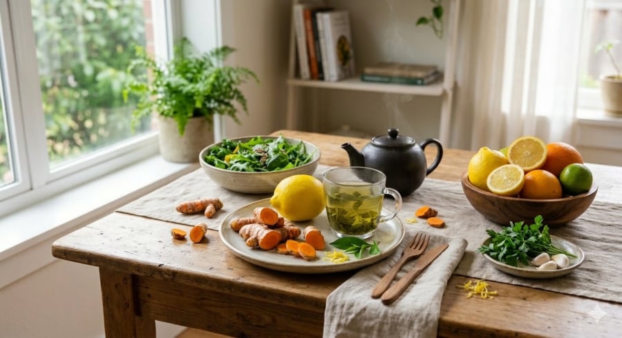 Kết hợp trà xanh, nghệ và trái cây giàu vitamin C giúp hỗ trợ thải độc và bảo vệ gan.