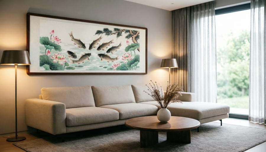 Tranh cá chép mang ý nghĩa sung túc, giúp không gian trở nên hài hòa và dễ chịu hơn.