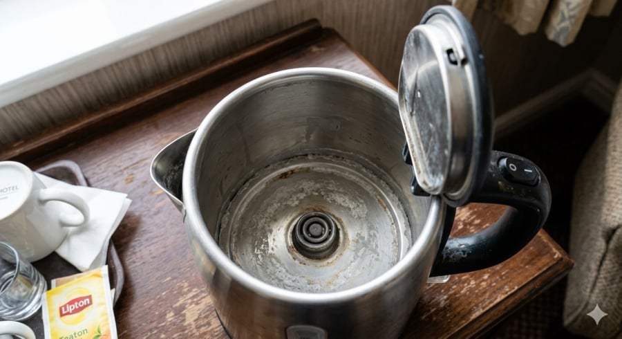 Ấm đun nước trong phòng khách sạn có thể tích tụ cặn nếu không được vệ sinh định kỳ.