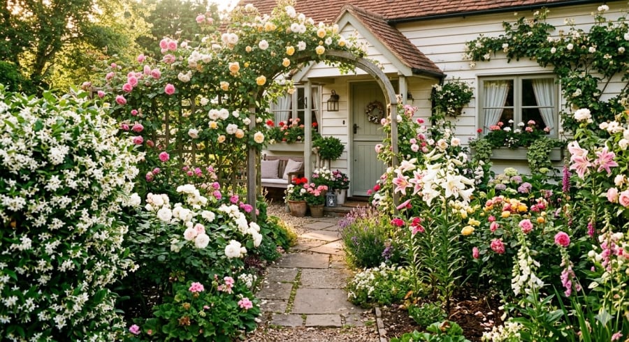 Không gian sân vườn tràn ngập hương thơm tự nhiên từ các loài hoa quen thuộc.