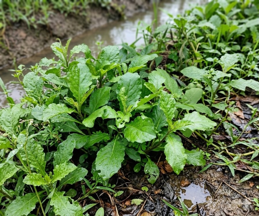 Rau cải trời mọc hoang sau mưa, xanh non và phát triển mạnh ở bờ mương, bờ ruộng miền Tây.