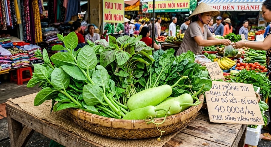Các loại rau quen thuộc, dễ mua với giá rẻ tại chợ Việt Nam.