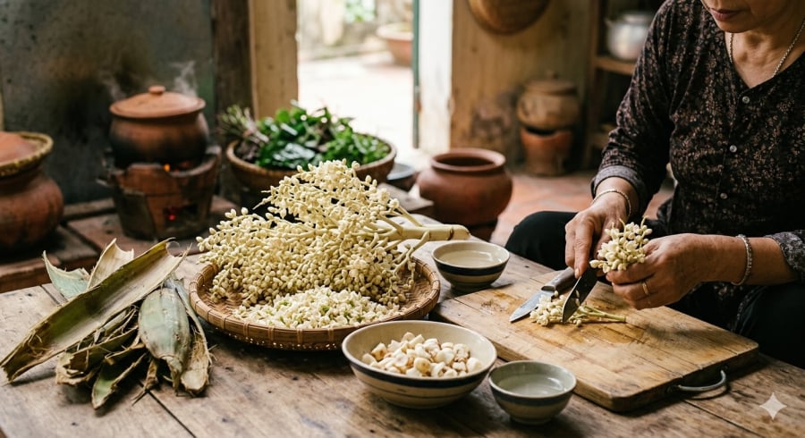 Hoa cau non – nguyên liệu theo mùa với vị giòn nhẹ, chát dịu, thường dùng làm gỏi hoặc xào.
