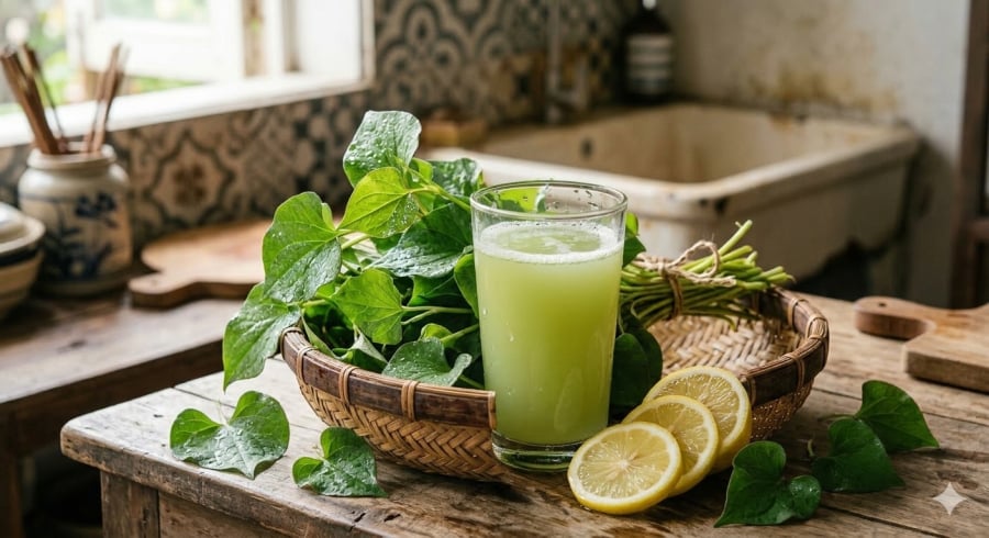 Nước ép diếp cá được nhiều người sử dụng để thanh nhiệt và hỗ trợ giải độc cơ thể.