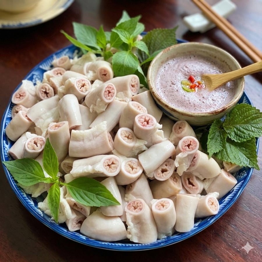 Lòng luộc trắng giòn, không dai, ăn kèm mắm tôm dậy mùi – thành phẩm chuẩn như ngoài hàng.