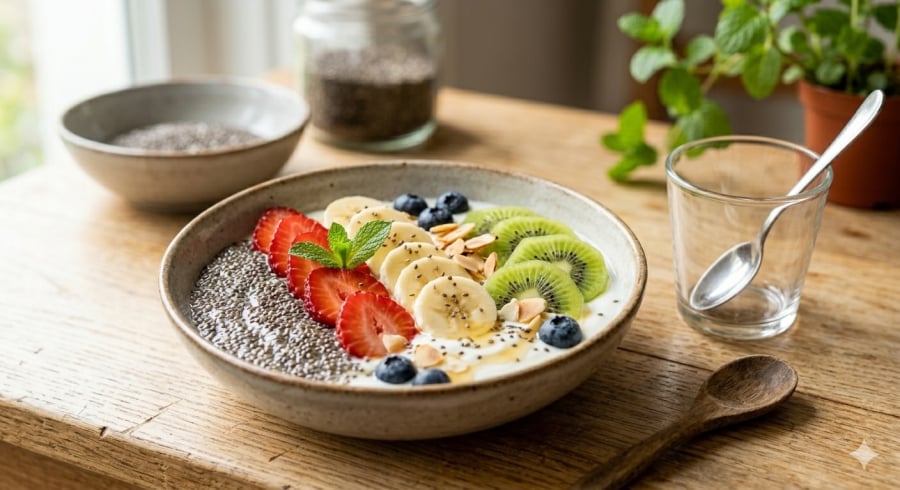 Kết hợp hạt chia với thực phẩm lành mạnh giúp tăng cảm giác no và hỗ trợ kiểm soát mỡ bụng.