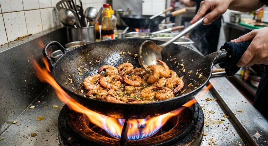 Rang tôm ở lửa lớn ngay từ đầu giúp rút nước nhanh, giữ độ săn và tránh bị mềm.