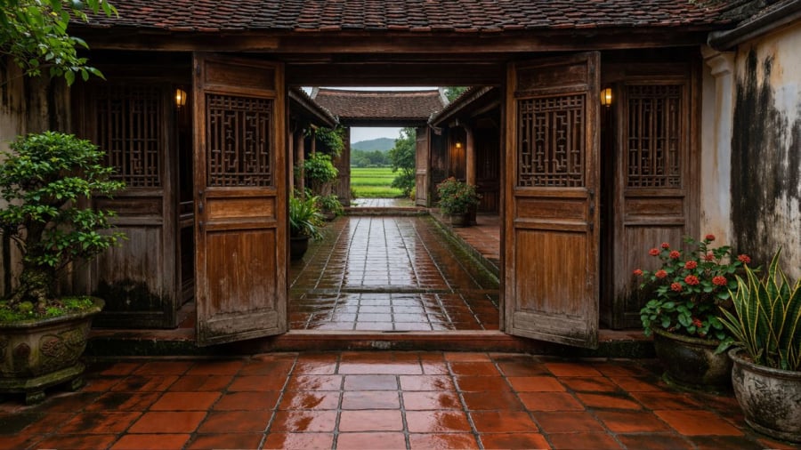 Nhà hai cửa là ý chỉ hai cửa thông thẳng nhau hoặc nhà có nhiều cửa mà không phân biệt chính phụ