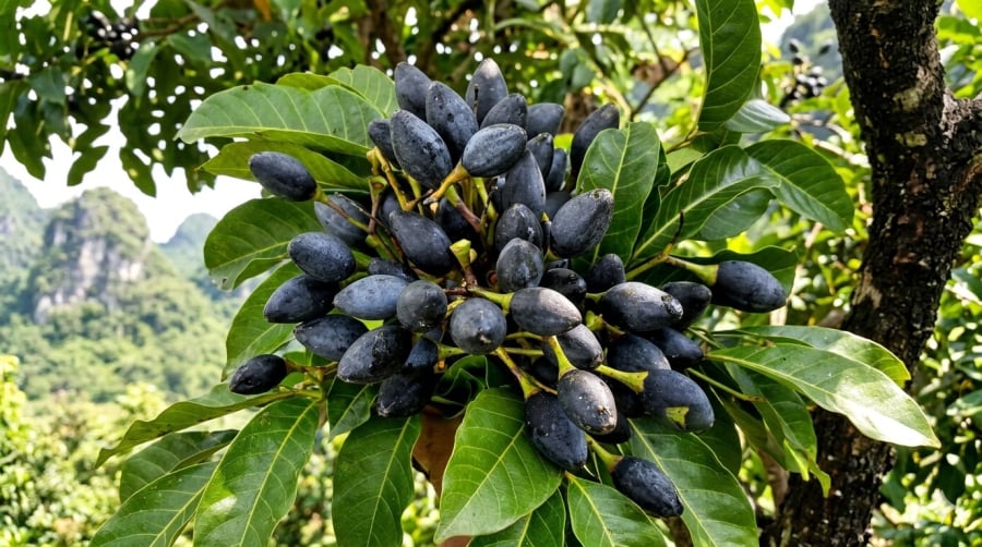 Quả trám nếp đen chín với lớp vỏ tím đen bóng trên cây rừng