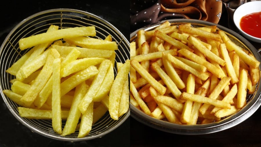 Khi làm khoai tây chiên, bạn nên áp dụng phương pháp chiên hai lần để miếng khoai giòn hơn.