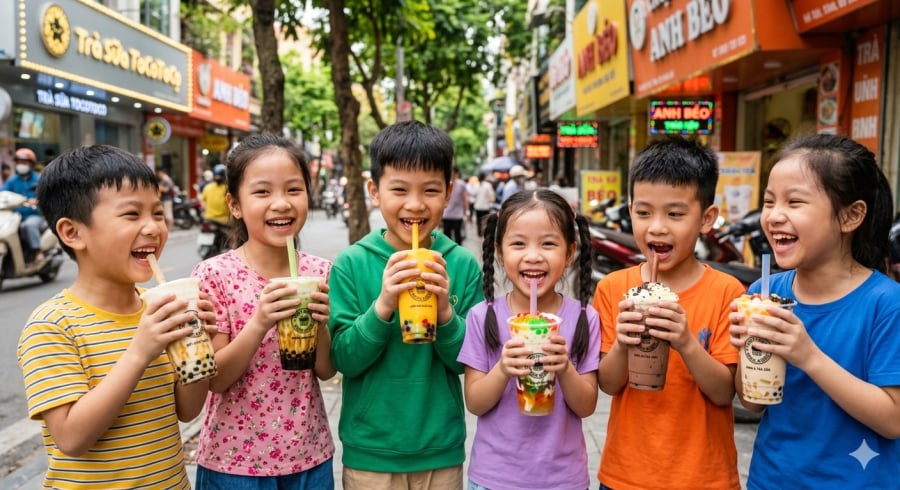 Trà sữa hấp dẫn trẻ nhỏ nhưng tiềm ẩn nguy cơ nếu sử dụng thường xuyên.