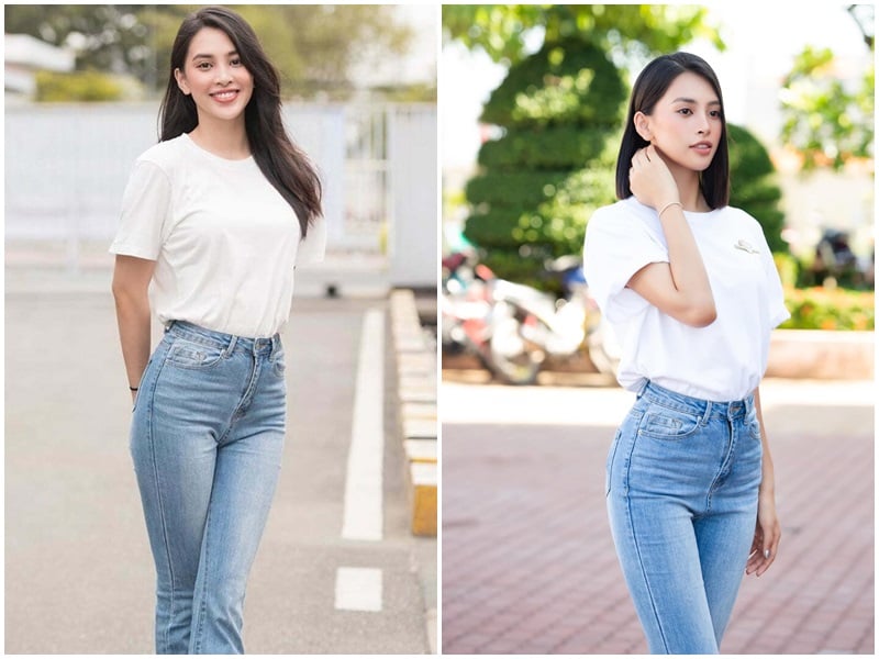 Một chiếc áo phông trơn hoặc in họa tiết nhẹ khi phối cùng quần jeans dáng suông hoặc ống đứng sẽ tạo nên tổng thể năng động nhưng vẫn đủ gọn gàng